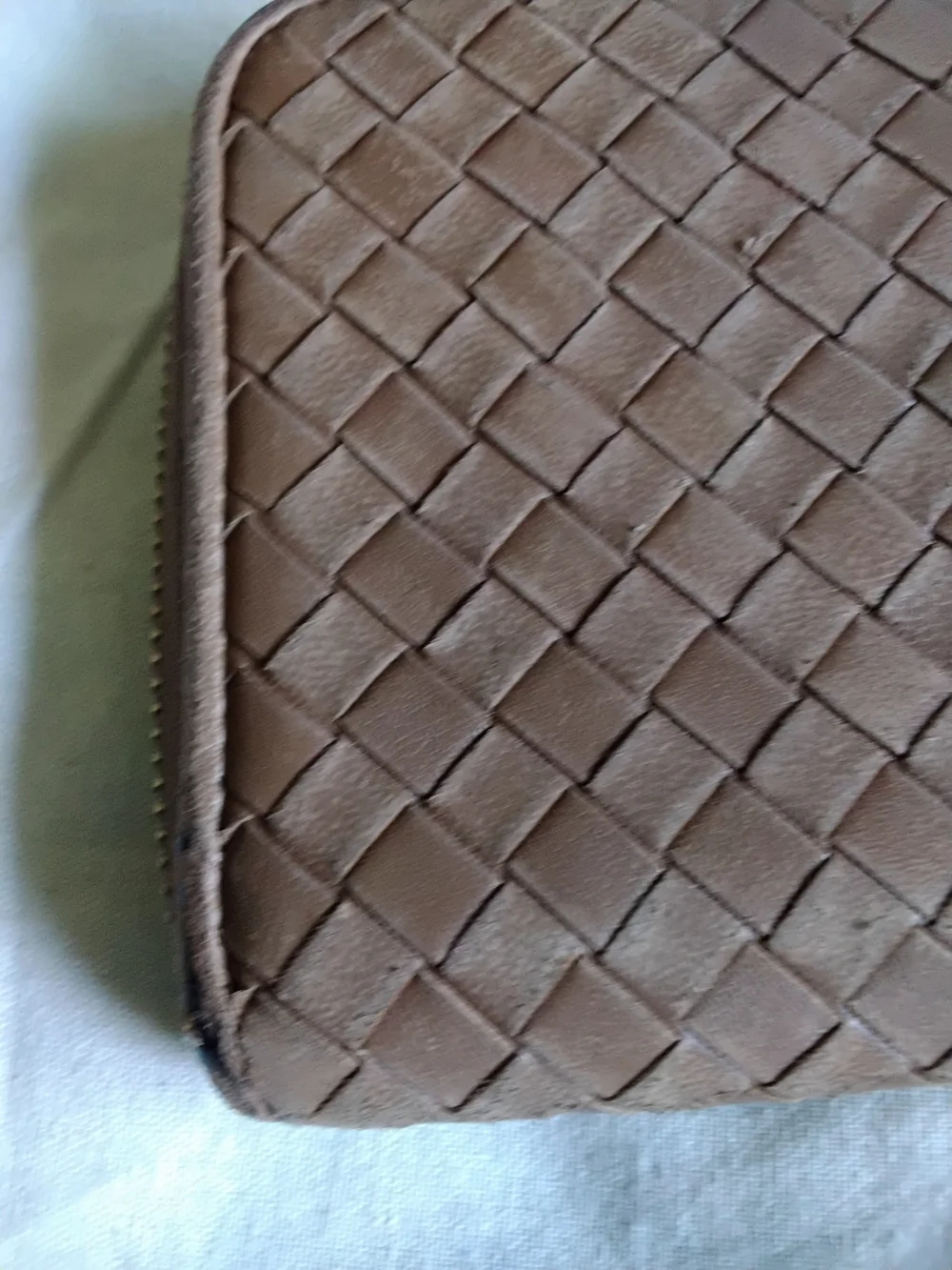 Authentic Bottega Veneta Woven Zip-Around Wallet in Taupe